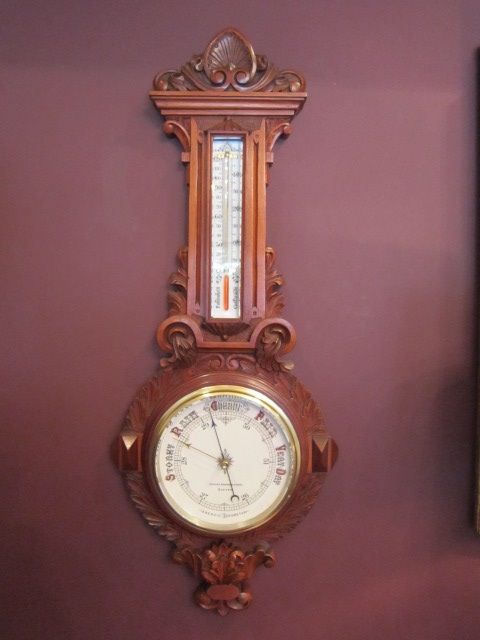 Superb Victorian Walnut Carved Manorial Barometer