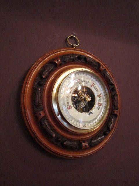 Small Victorian Walnut Carved Aneroid Barometer