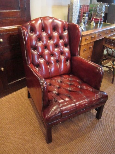 Superb Edwardian Buttoned Back Leather Wing Armchair