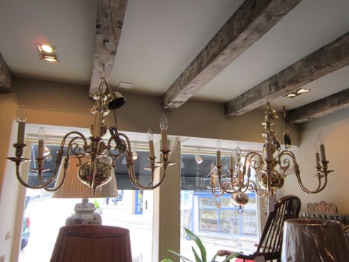 Matching Pair of Edwardian Brass Chandeliers