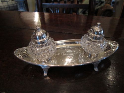 Fine Victorian Silver Oval Double Inkstand