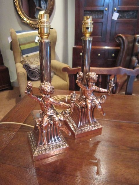 Pair of 1930'S Copper Cherub Decorated Table Lamps