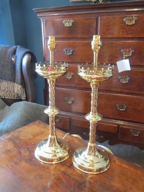 Pair of Edwardian Brass Spiral Twist Lamps