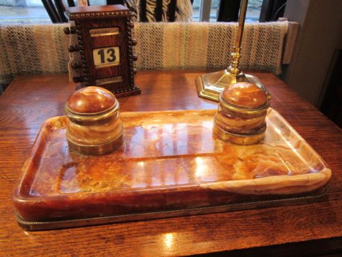 Art Deco Mottled Marble Double Inkstand
