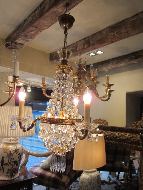 1920'S 3 Arm Crystal Cut Glass Pendant Chandelier