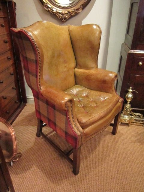 Stunning Edwardian Leather & Fabric Wing Armchair