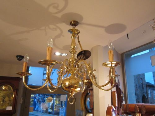 Edwardian Period Brass Six Arm Chandelier