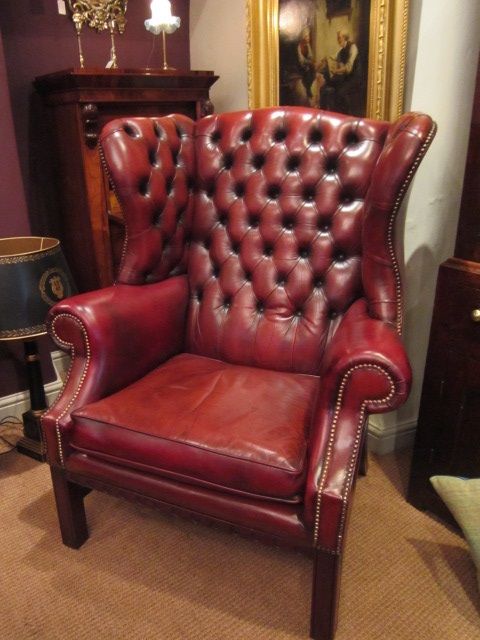 Superb Edwardian Leather Buttoned Wing Amrchair