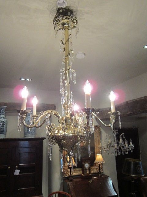 Superb Art Nouveau Brass & Crystal Droplet Chandelier