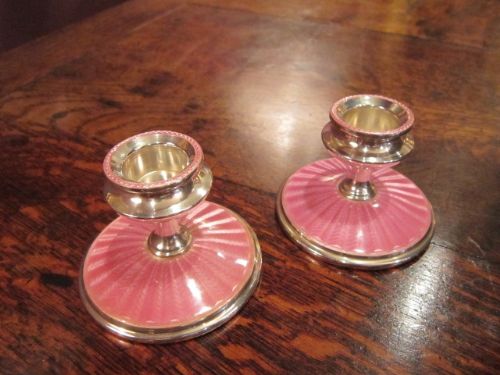 Quality Pair of Art Deco Silver & Enamel Candlesticks