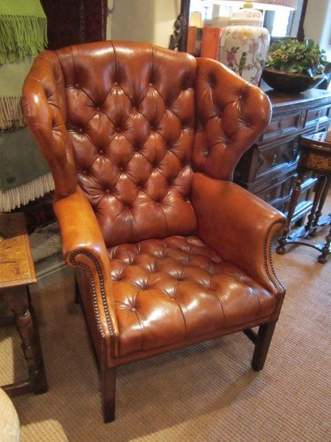Superb 1920'S Leather Buttoned Wing Armchair