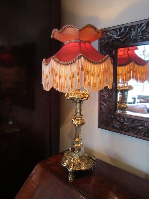Superb Edwardian Cast Brass Table Lamp & Shade