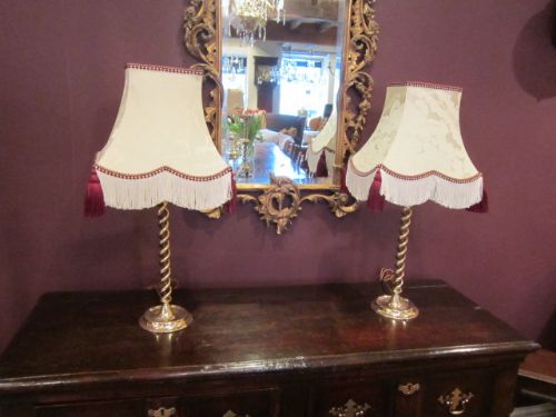 Fine Pair of Edwardian Spiral Table Lamps & Shades