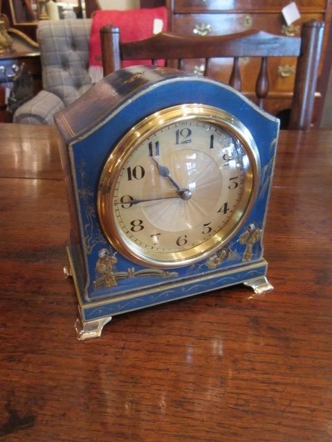 Edwardian Blue Lacquered Chinoserie Mantel Clock