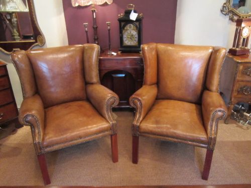 Superb Pair of 1920'S Leather Wing Armchairs