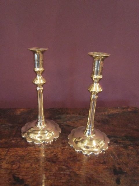 Pair of George II Period Brass Seamed Candlesticks