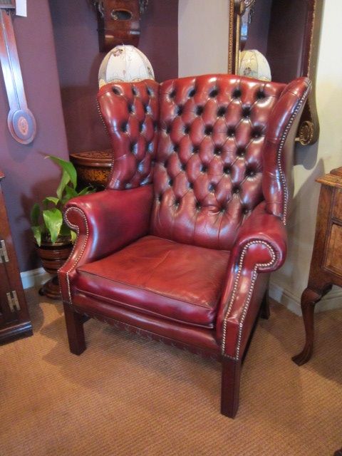 Impressive 1920'S Red Leather Button Wing Armchair