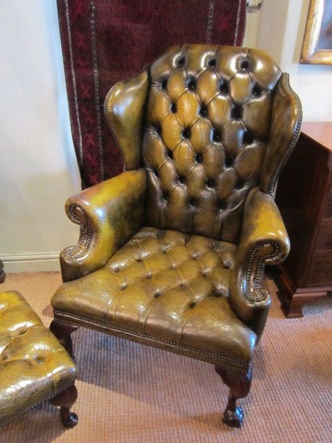 Original 1920'S Leather Buttoned Wing Armchair