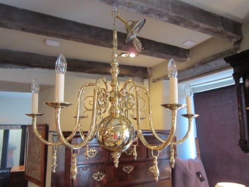 Large Edwardian Brass Droplet Six Arm Chandelier