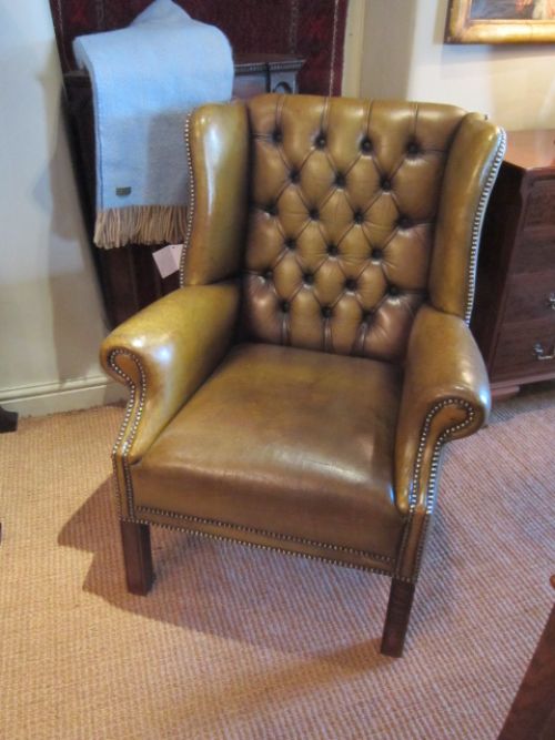 Top Quality 1920'S Leather Buttoned Wing Armchair