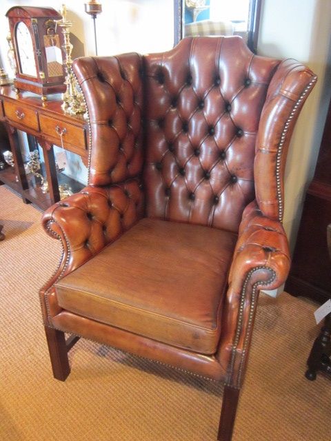 Superb Edwardian Leather Buttoned Wing Armchair