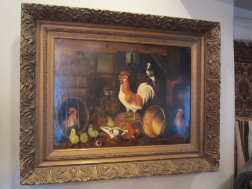 Original 19th Century Oil 'Poultry in Kitchen Painting
