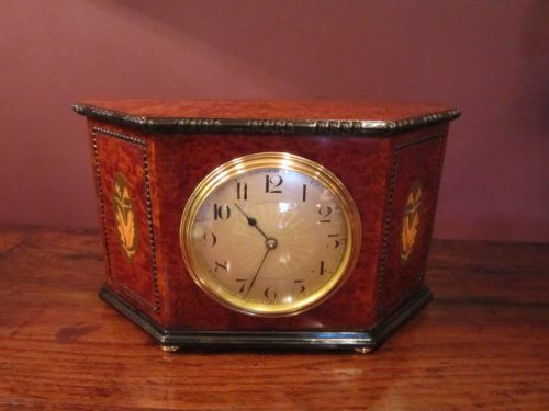 Edwardian Sheraton Inlaid Amboyna Mantel Clock