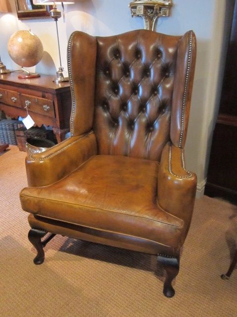 High Quality Brown Hide Buttoned Wing Armchair