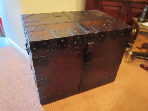 Superb Mid Victorian Oak & Steel Bound Strong Box
