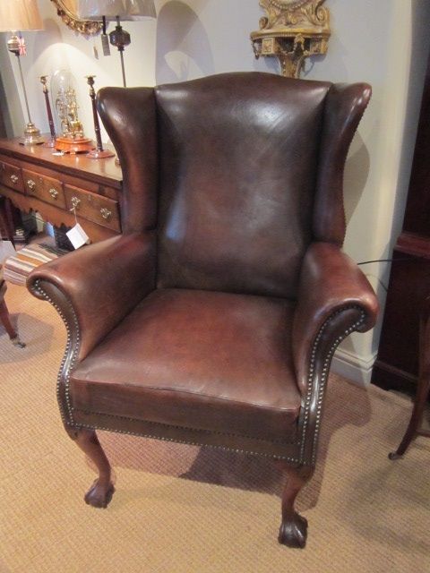 Superb Victorian Brown Leather Wing Armchair