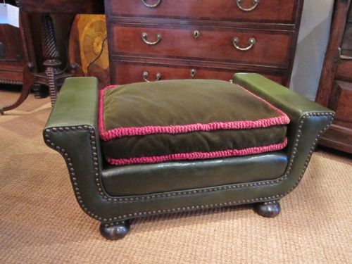 Unusual Victorian Leather & Velvet Footstool