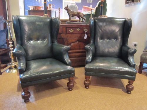 Superior Pair of Early Victorian Leather Wing Armchairs