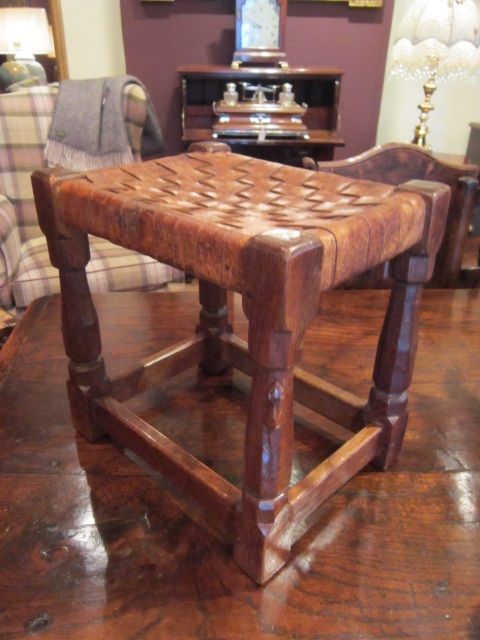 Early Mouseman Adzed Oak Leather Top Stool