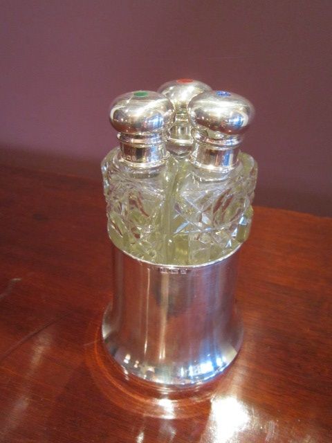 Edwardian Period Silver Three Bottle Scent Holder