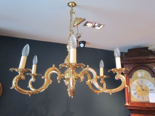 Edwardian Period Cast Brass Rococo Chandlier
