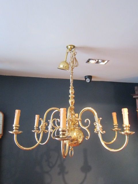 Edwardian Period Brass Six Arm Chandelier