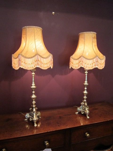Superb Pair of Victorian Cast Brass Lamps & Shades