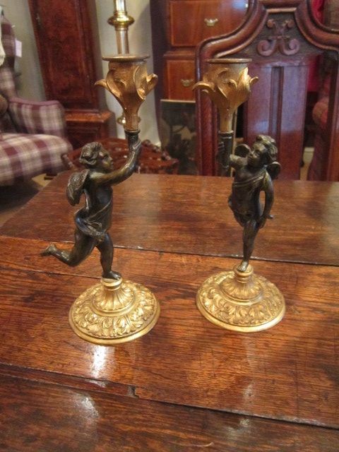 Pair of Mid Victorian Bronze Cherub Candlesticks