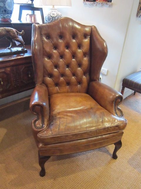 1930'S Leather Button Backed Wing Armchair