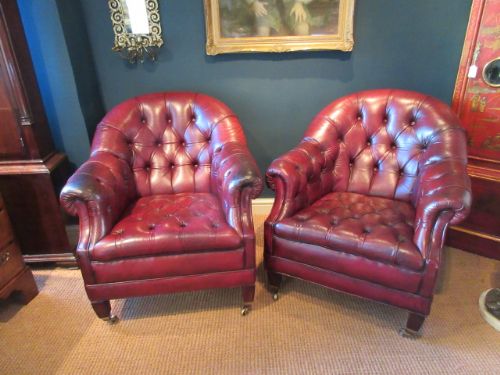 Superb Pair of 1920'S Leather Buttoned Club Armchairs