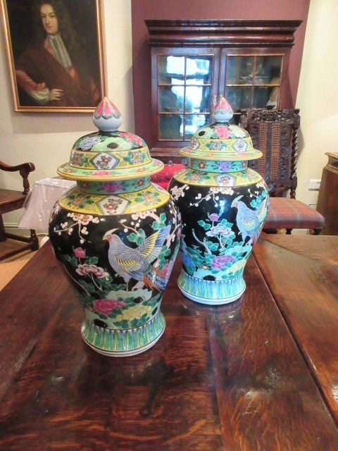 Superb Pair of Oriental Hand Painted Ginger Jars