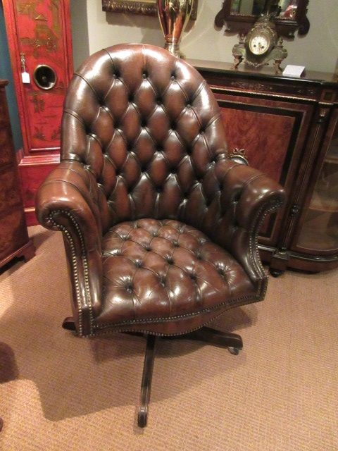 Very Unusual 1930'S Leather Buttoned Swivel Desk Chair
