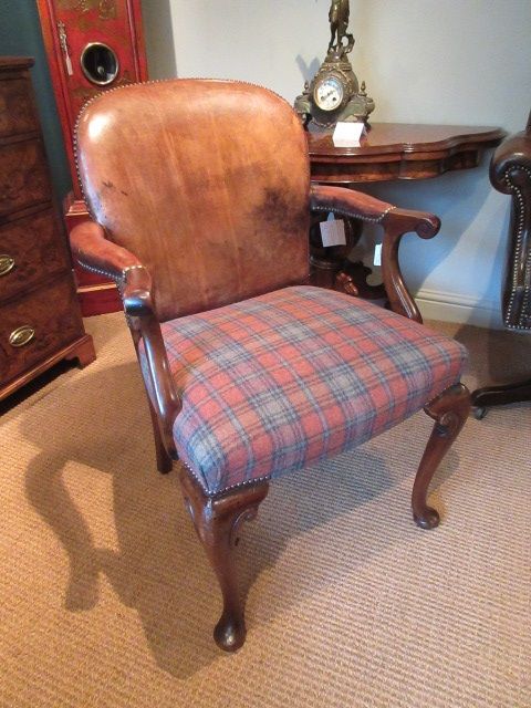 19th Century Walnut & Leather Open Armchair