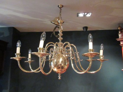 Large Edwardian Period Polished Brass Chandelier