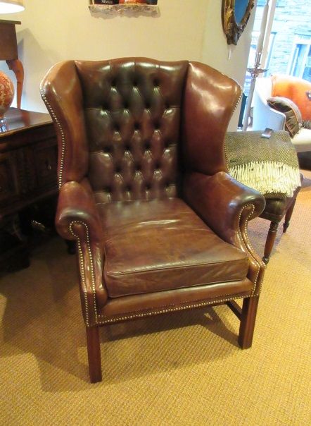 1920'S Period Leather Buttoned Wing Armchair