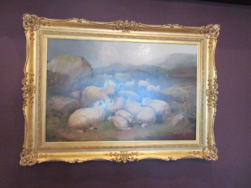 Impressive Victorian Oil 'Sheep in Moorland Landscape' Painting