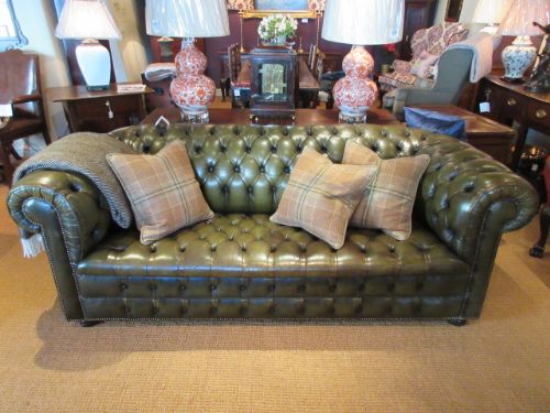 Superb 1930'S Olive Green Leather Chesterfield