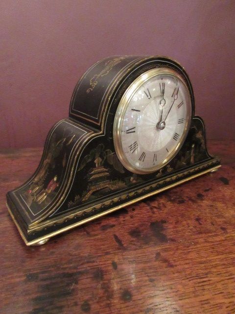 Superb Chinioserie Black Lacquered Mantel Clock