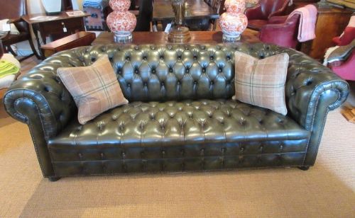 Superb 1930'S Olive Green Leather Chesterfield Settee