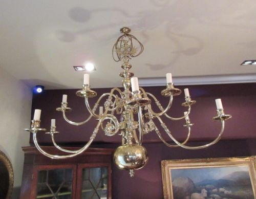 Large Edwardian Solid Brass Two Tier Chandelier